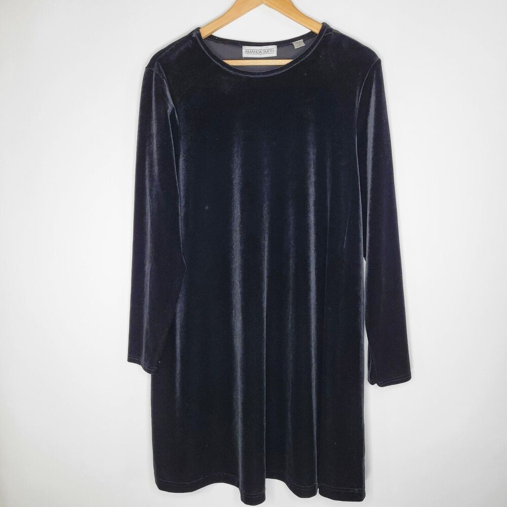 AMANDA SMITH Black Velour Mini Dress Size 12 Stretch Velvet Long Sleeve A Line